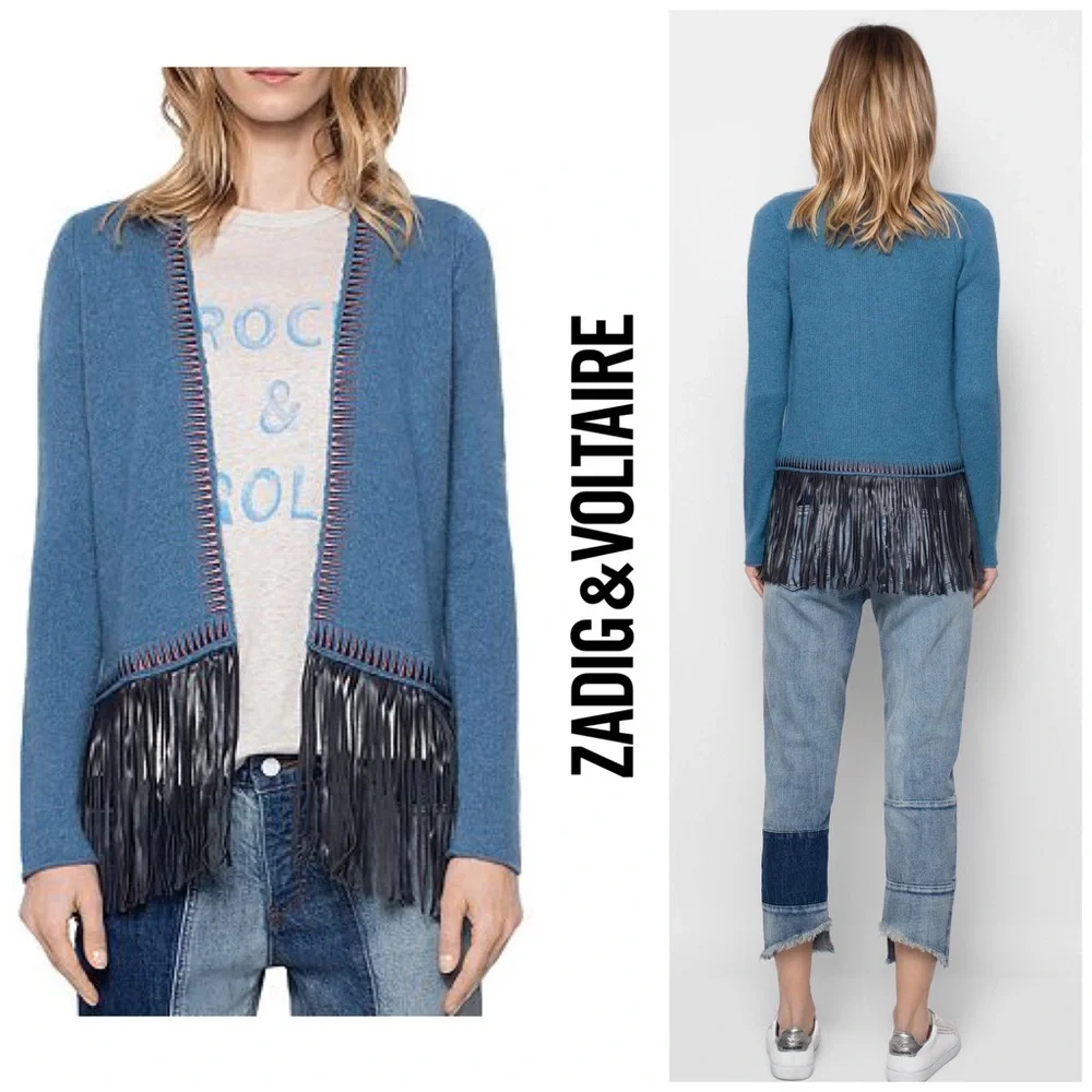 Zadig & Voltaire Marla Cashmere/ Leather Fringe Cardigan Boho Rock - Picture 1 of 15